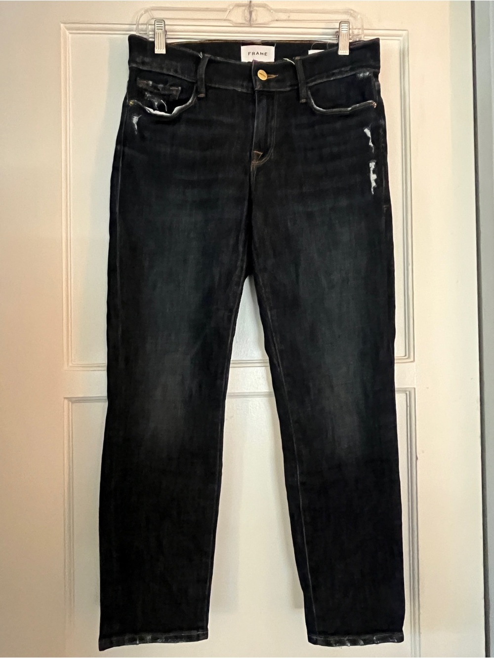 Frame Denim Black Straight-Leg Jeans with Subtle Distressing
